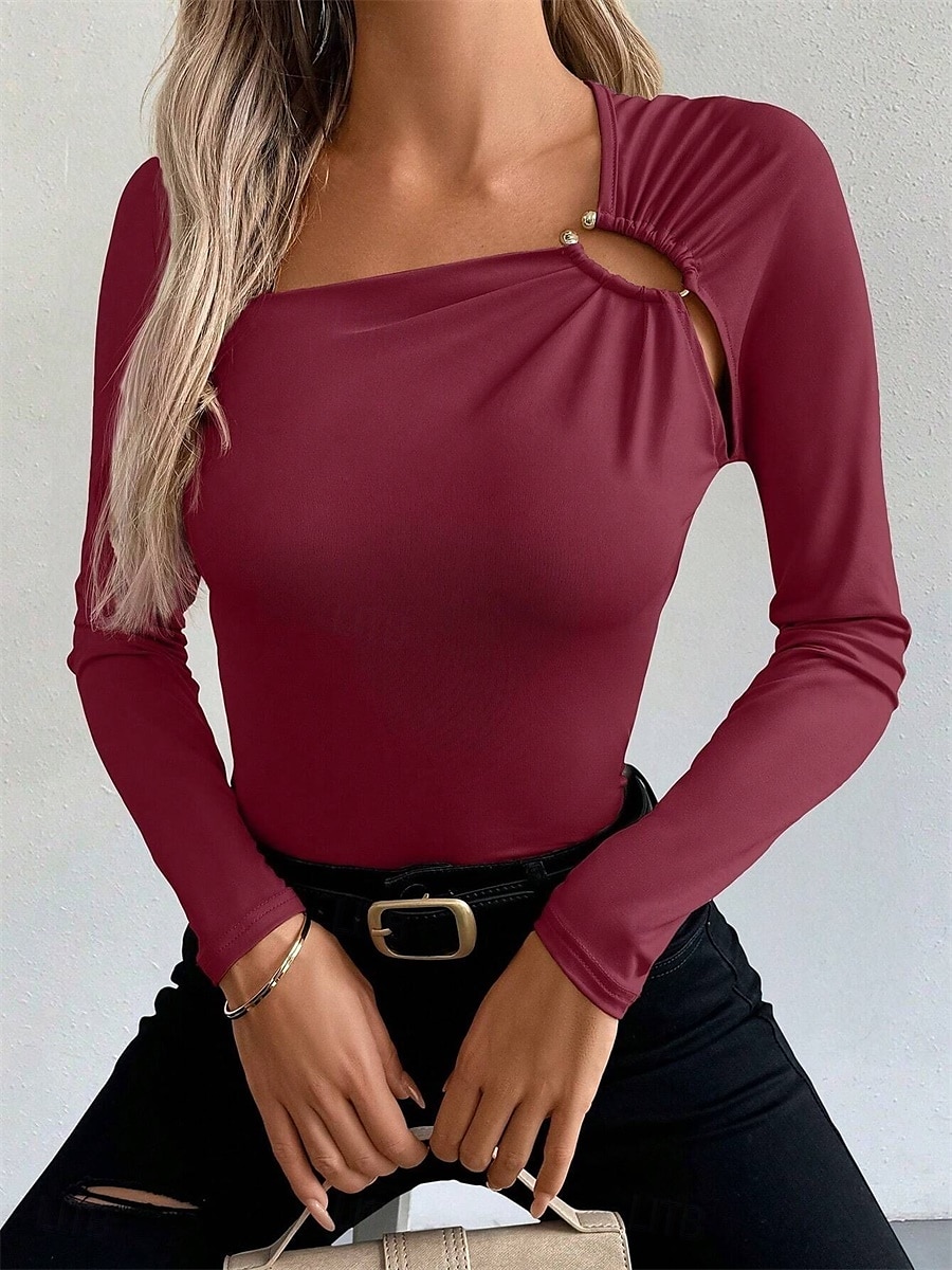 Women's Blouse Solid Color Elegant Daily Stylish Long Sleeve Square Neck Regular Tops Daily Holiday Going out Patchwork Black Wine Spring Fall Winter 2025 - $26.99 –P8