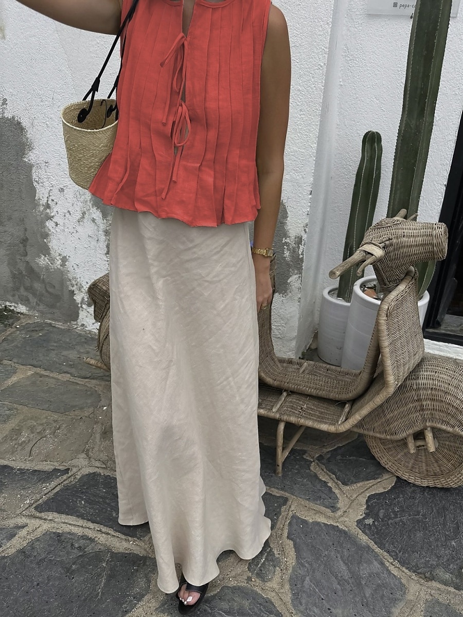 Per donna Abbottonare Camicia in cotone e lino Tinta unica Essenziale Casual Senza Maniche Girocollo Top Regolari Quotidiano Volant Nero Bianco Rosso Estate Primavera del 2025 a $34.99 –P18
