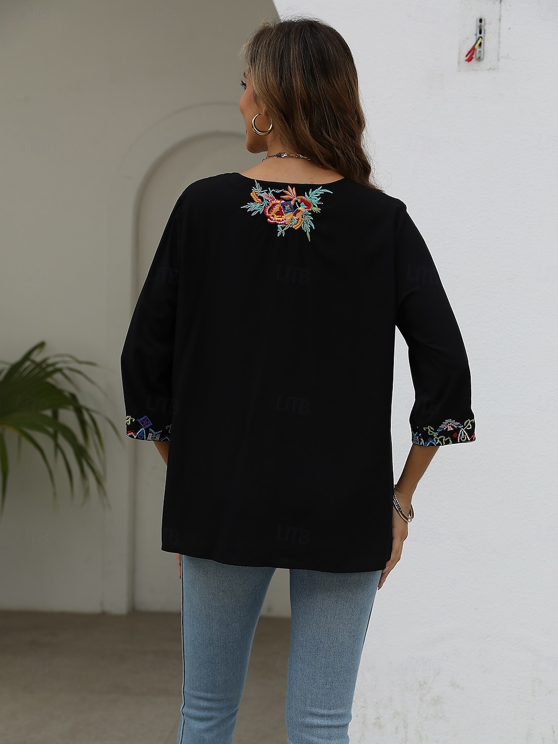 Mujer Camisa camisa boho Floral Flor Casual Boho Manga 3/4 Mangas al codo Escote en Pico Tops regulares Carnaval Vacaciones Fiesta Bordado Negro Verano Primavera verano 2025 - $36.99 –P2