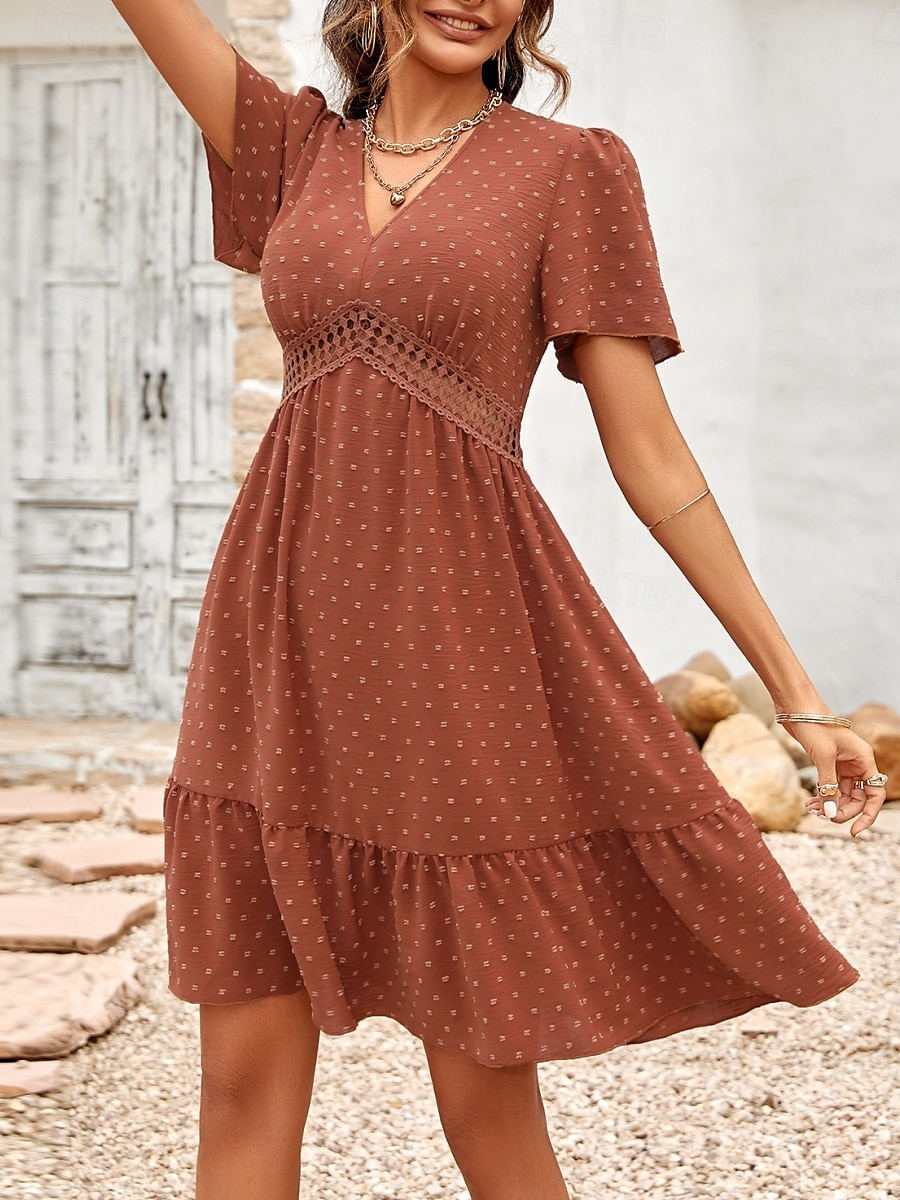 Dam Mini klänning Vardagsklänning A linjeklänning Stylish Grundläggande Ledigt Semester Dagligen Normal Slät Kortärmad V-hals Ljusgrön Rubinrött Sommar Vår 2025 - $38.99 –P7