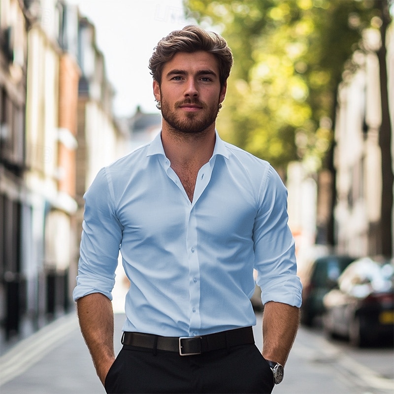 Men's Shirt Dress Shirt Plain Wedding Business Black White Navy Blue Blue Long Sleeve Collar Summer Clothing Apparel 2026 - $28.99 –P3