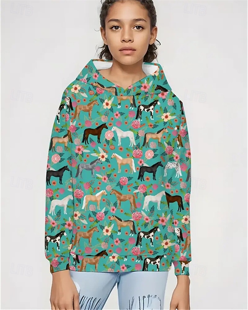 Flickor 3D Blommig Grafisk Häst Huvtröja Långärmad Vår Höst Mode Streetwear Barn 4-12 år Huva Utomhus Ledigt Dagligen Normal 2025 - $18.99 –P3