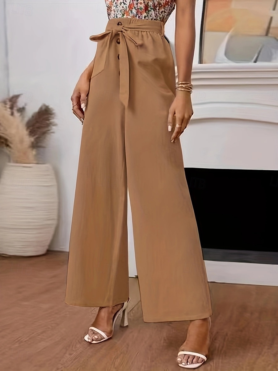 Women's Wide Leg Cotton Linen Pants Chinos Classic Style Full Length High Waist Plain Elastic Waistband Comfy Soft Comfortable Micro-elastic Outdoor Street Black Khaki Summer Fall Regular Fit 2025 - $21.99 –P2