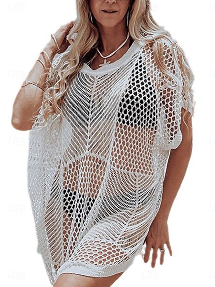 Damen Normal Sommerkleid Tropisch Hawaiianisch Glatt Midikleid Kurzarm Rundhalsausschnitt Patchwork Öse Regular Fit Strand Weiß Sommer 2025 - $25.99 –P5