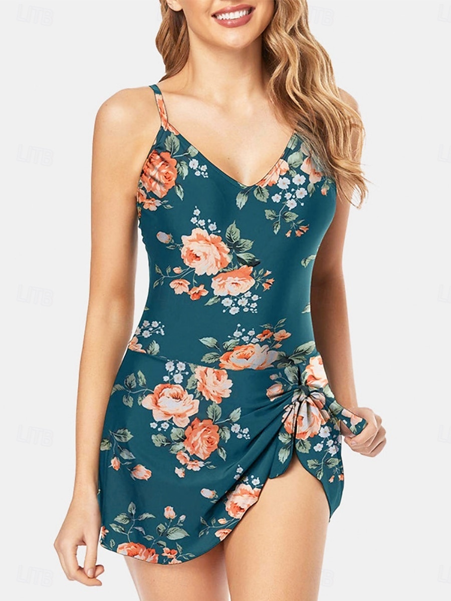 Dam Badkläder En bit Monokini Längre baddräkt Baddräkt Öppen rygg Magkontroll Hög midja Smal Semester Standkläder Blommig Halterneck Ärmlös Baddräkter 2025 - $29.99 –P4