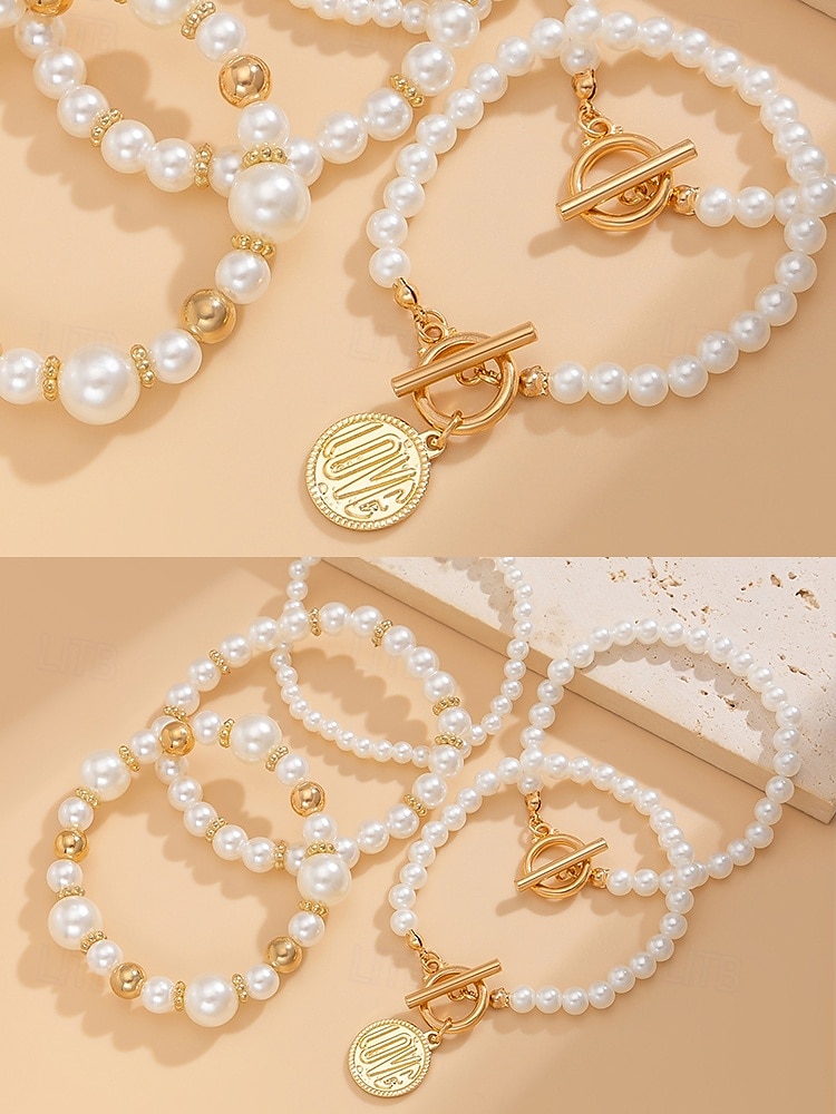 Juego de pulseras de perlas de imitación para mujer con detalles dorados, diseño elegante de múltiples capas, joyería de moda para bodas, fiestas y eventos formales. 2025 - $4.99 –P5
