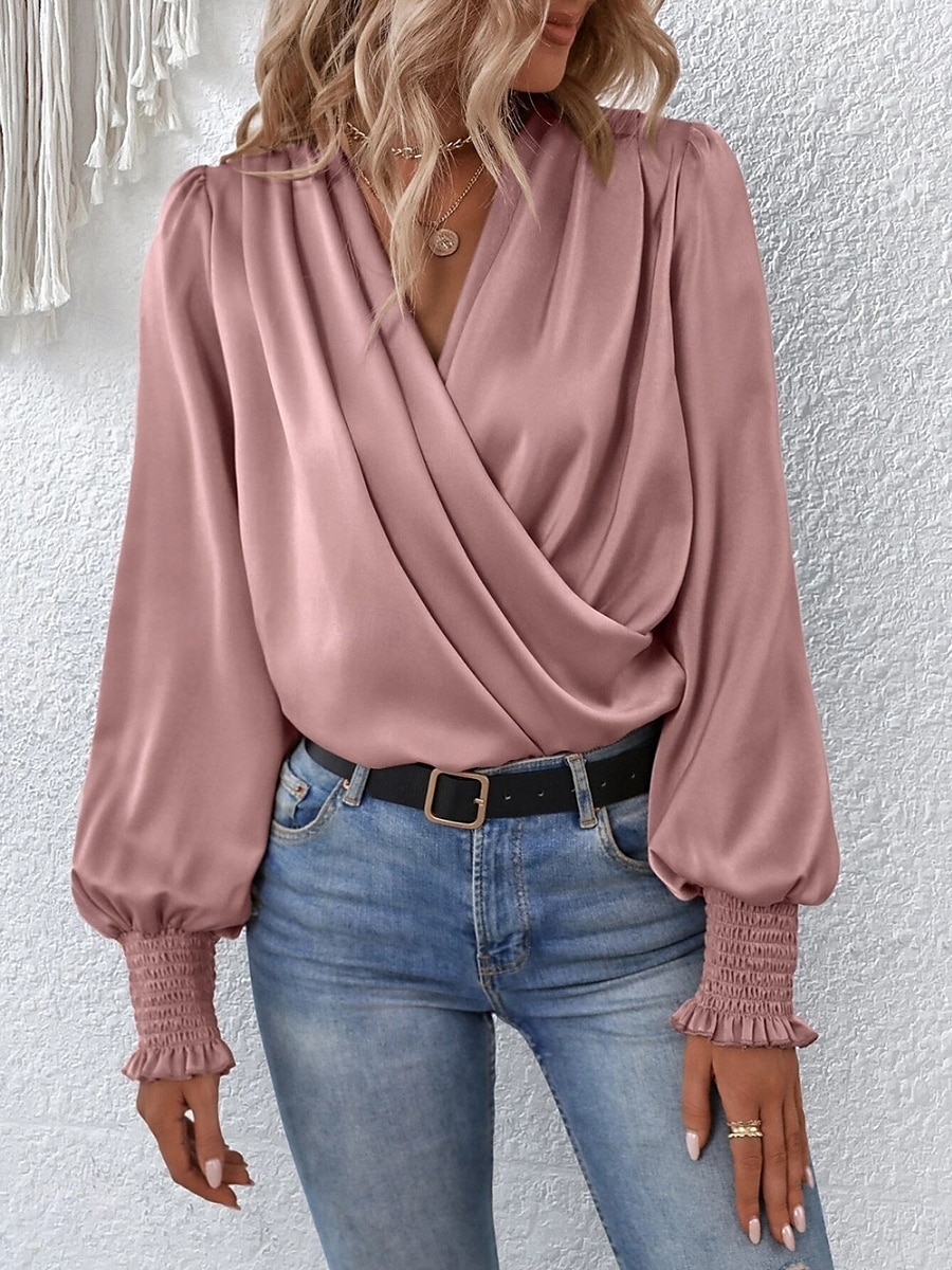 Dames Overhemd Blouse Effen Kleur Zakelijk Modern Casual Lange mouw V-hals Normale tops Werk Formele kleding Met ruches Zwart Blozend Roze Zomer Lente 2025 - $29.99 –P3