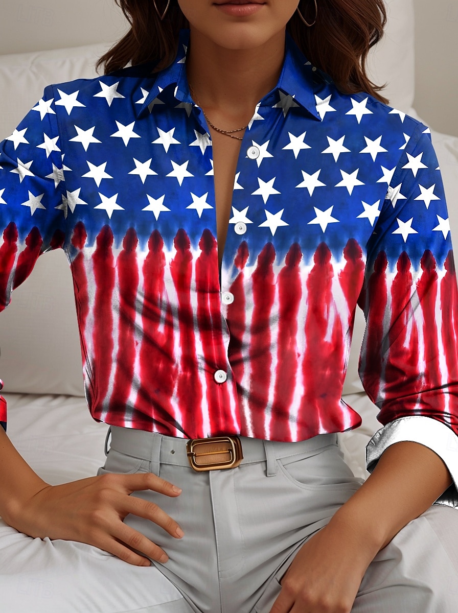 Frauen Patriotic Hemd Flagge Arbeit Täglich Rot Weiß Blau Langarm Frühjahr Herbst 2025 - $32.99 –P1