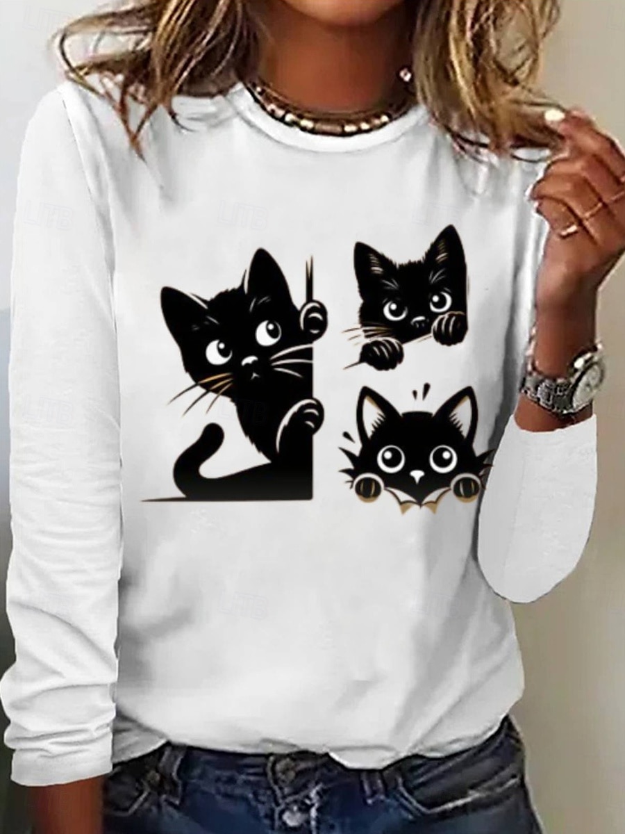 Damen T Shirt Katze Brautkleider schlicht Langarm Rundhalsausschnitt Normale Oberteile Täglich Wochenende Bedruckt Weiß Herbst Winter 2025 - $22.99 –P1