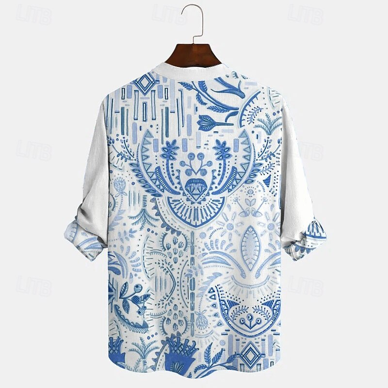 Men's Florals Casual Shirt Button Up Shirt Aloha Shirt Long Sleeve Fashion Casual Casual Summer Spring V Neck V Neck Blue 2025 - $24.99 –P2