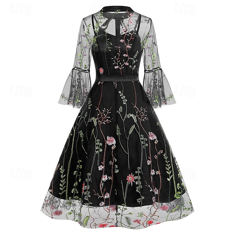 Elegantní Retro 50. léta Šaty Maškarní Výšivka Květiny Dámské Karneval Nový rok Plesová maškaráda Běžné / Denní loučení se svobodou nevěsty Dospělé Šaty 2025 - $48.99 –P9