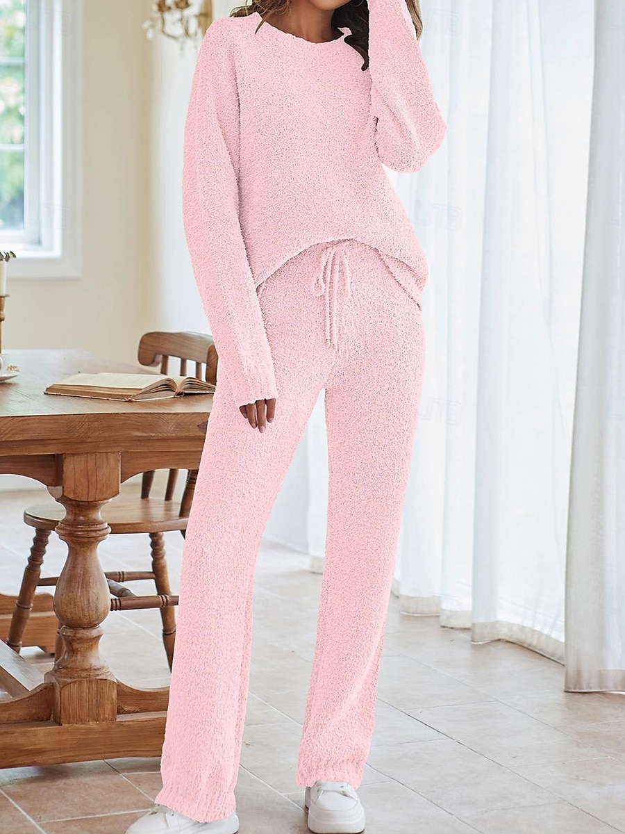 Női Pizsama Meleg Alkalmi Kényelmes Tiszta szín Rugalmas derék Pullover Nadrág Otthon Napi Hosszú ujj Terített nyak Arcpír rózsaszín Medence Bézs Ősz Tél 2025 - $61.99 –P6