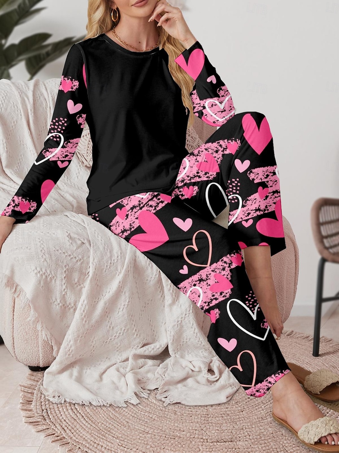 Dam Pyjamas set Ledigt Komfort Comfrt Hjärta T-shirt Byxa Hem Alla hjärtans dag Dagligen Långärmad Rund hals Rodnande Rosa Vår Höst Vinter 2025 - $31.99 –P3