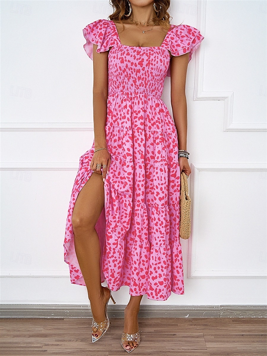 فستان نسائي متوسط الطول برقبة مربعة وأكمام قصيرة للصيف والربيع 2025 - $52.99 –P11