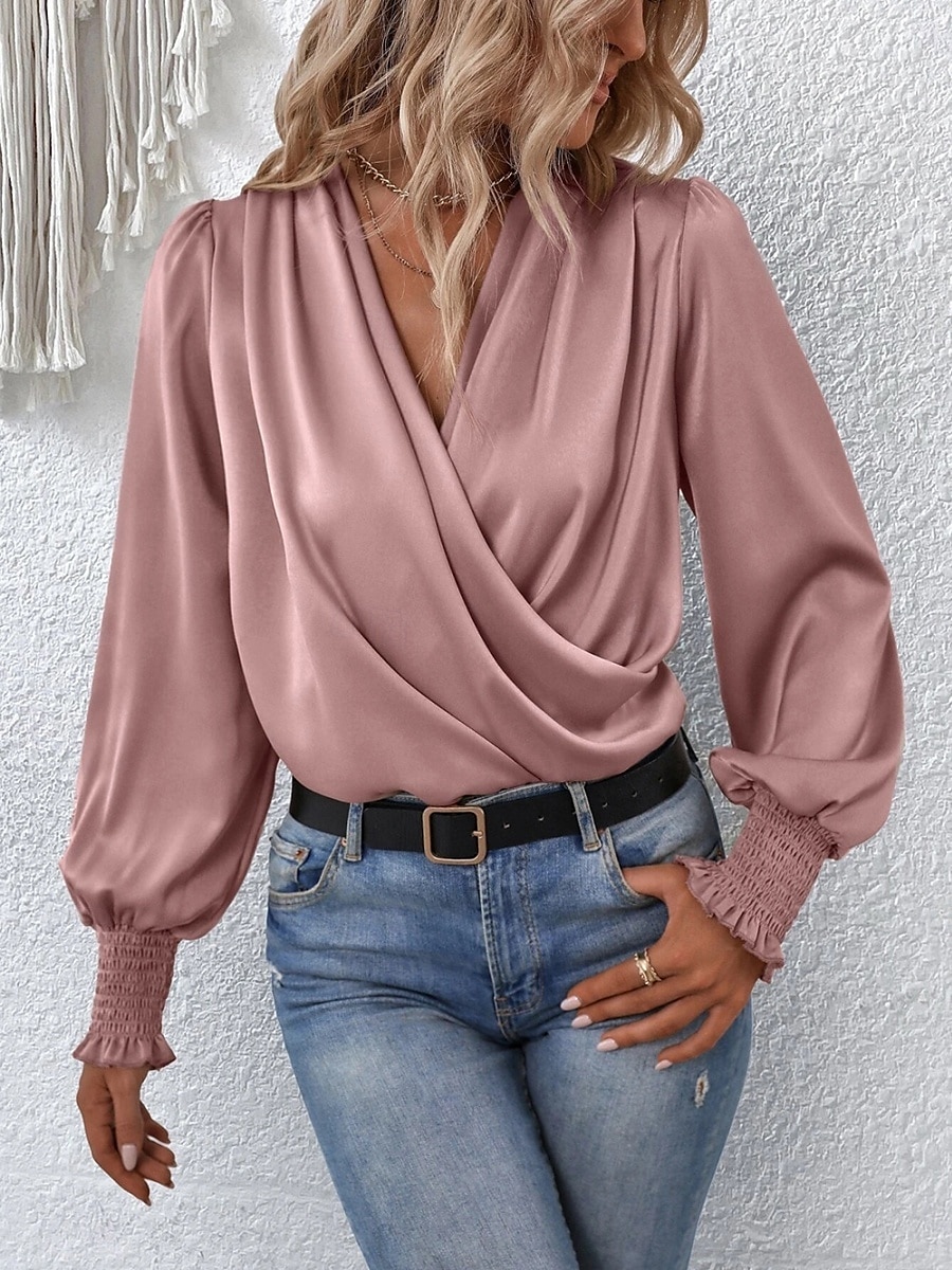 Dames Overhemd Blouse Effen Kleur Zakelijk Modern Casual Lange mouw V-hals Normale tops Werk Formele kleding Met ruches Zwart Blozend Roze Zomer Lente 2025 - $29.99 –P2