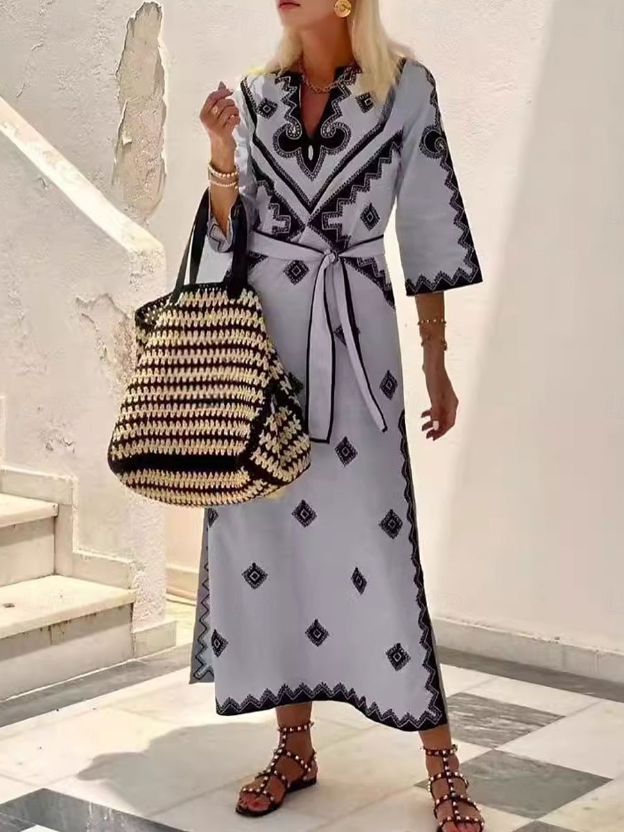 Damen Maxidress Boho Chic Kleider A Linie Kleid Elegant Böhmen Kuschelig Urlaub Täglich Strand Regular Fit Graphic Halbe Ärmel V Ausschnitt Grün Beige Grau Herbst Winter 2025 - $33.99 –P2