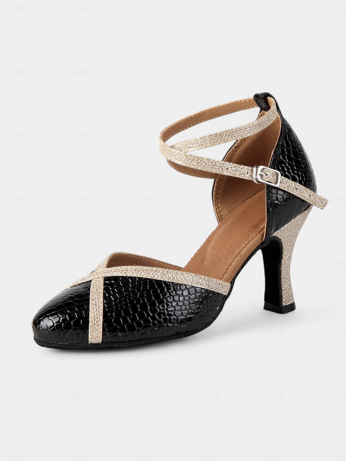 Black and Gold Crocodile Pattern Dance Shoes for Women with Glitter Strap and Mid Heel - Perfect for Ballroom and Latin Dancing 2025 - $46.99 –P3