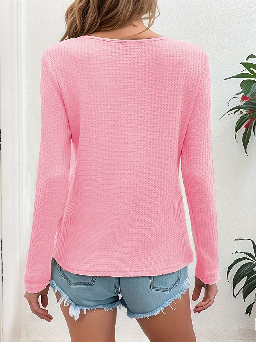 Women's T Shirt Plain Fashion Modern Casual Long Sleeve V Neck Regular Tops Daily Weekend Buttons White Pink Spring Fall 2025 - $23.99 –P2