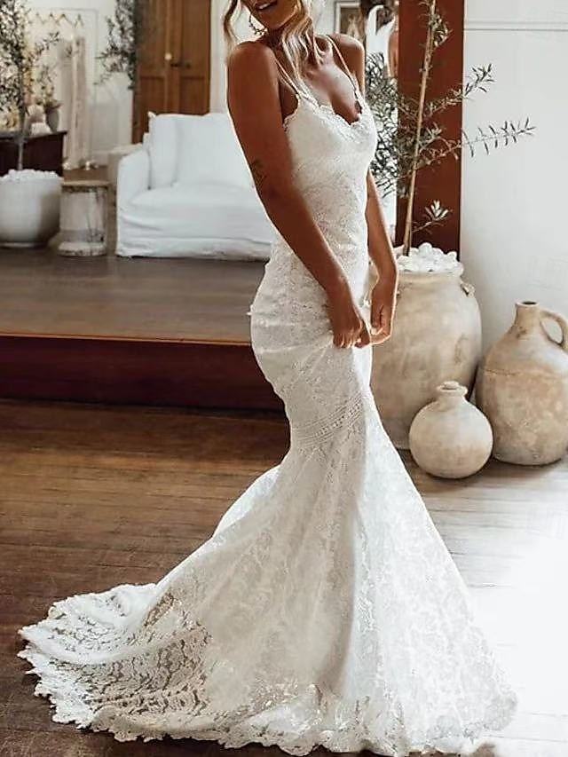 abiti da sposa boho formali matrimonio in spiaggia sirena / tromba scollo a v senza maniche strascico corte abiti da sposa in pizzo abiti da sposa con drappeggio ricamo 2025 del 2025 a $242.99 –P1