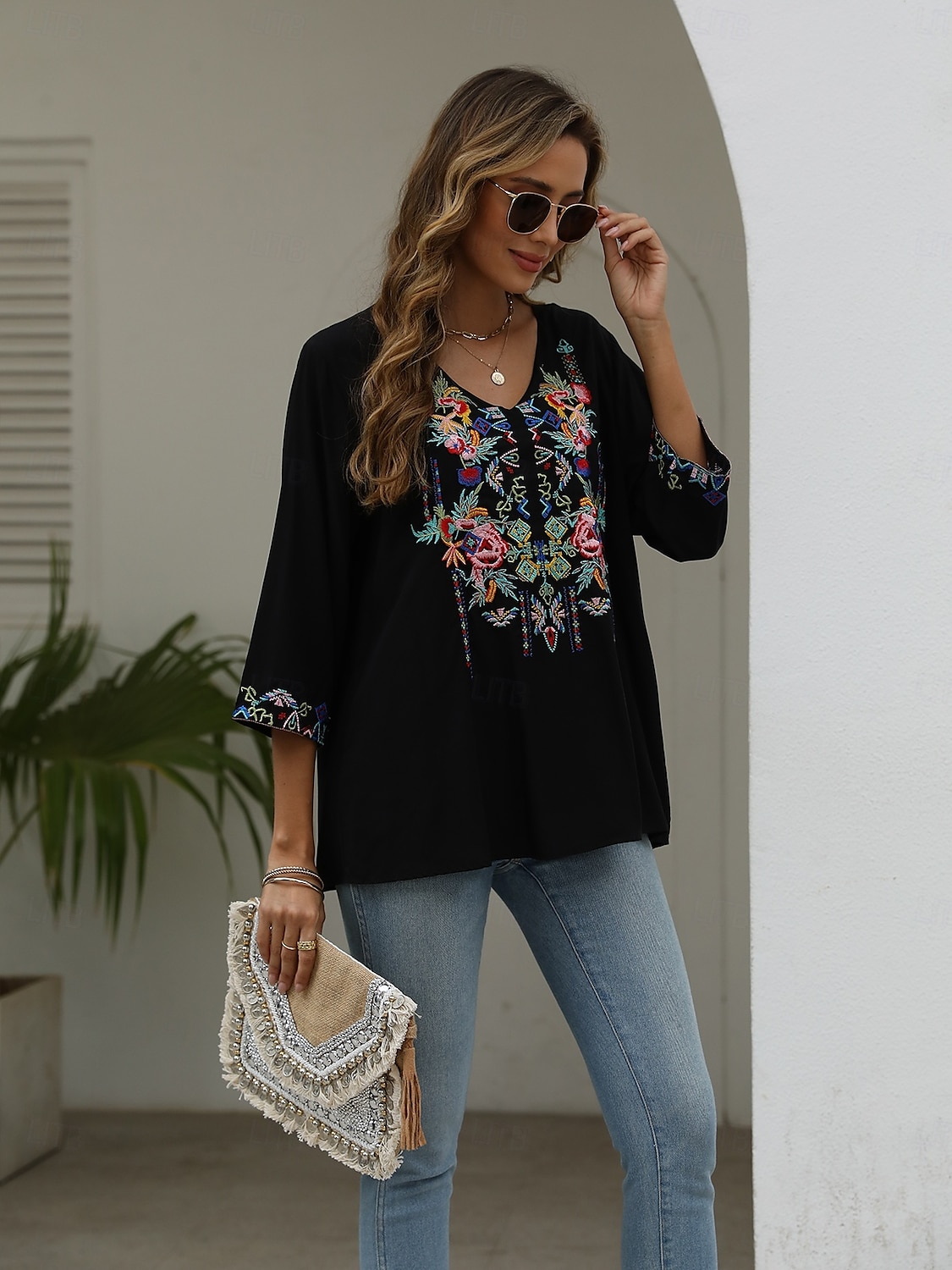 Mujer Camisa camisa boho Floral Flor Casual Boho Manga 3/4 Mangas al codo Escote en Pico Tops regulares Carnaval Vacaciones Fiesta Bordado Negro Verano Primavera verano 2025 - $36.99 –P3