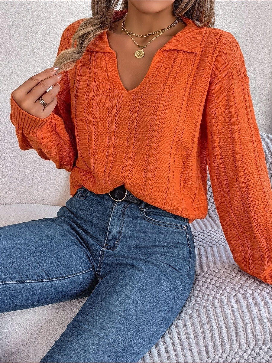 Women's Sweater Casual Soft Pure Color Ribbed V Neck Knitted Long Sleeve Regular Tops Knit Outdoor Daily Weekend White Orange Spring Fall 2025 - $33.99 –P1