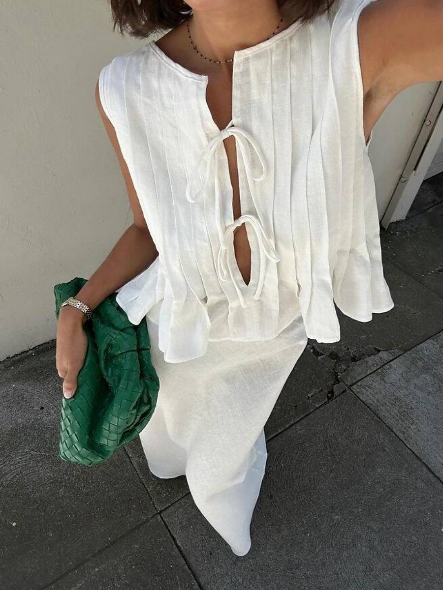 Per donna Abbottonare Camicia in cotone e lino Tinta unica Essenziale Casual Senza Maniche Girocollo Top Regolari Quotidiano Volant Nero Bianco Rosso Estate Primavera del 2025 a $34.99 –P2