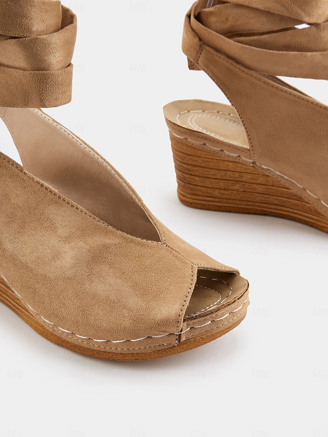 Women's Khaki Faux Suede Wedge Sandals with Peep-Toe and Wraparound Ankle Straps - Comfortable Summer Shoes for Casual and Beach Wear 2025 - $32.99 –P6