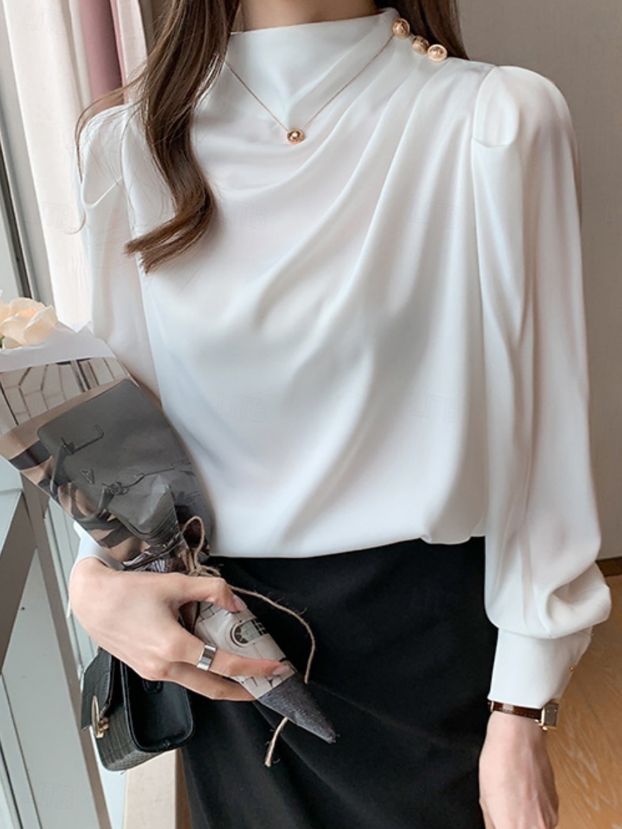 Damen Hemd Bluse Feste Farbe Basic Brautkleider schlicht Langarm Rollkragen Normale Oberteile Täglich Rüschen Weiß Rote Blau Sommer Frühling Herbst 2025 - $23.99 –P7