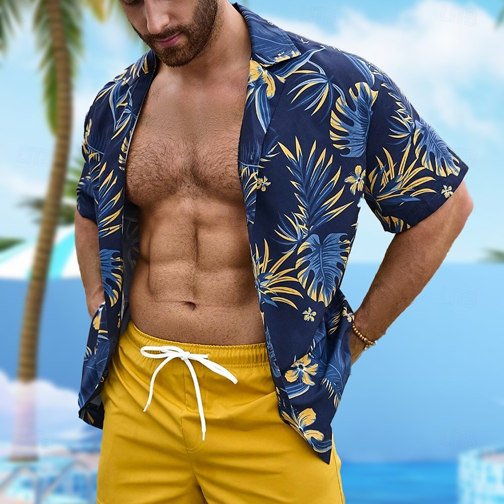 Herren Palmblatt Lässiges Hemd Aloha-Shirt Kurzarm Hawaiianisch Resort Urlaub Casual Sommer Frühling Umlegekragen Knopf hoch Blau 2025 - $23.99 –P2