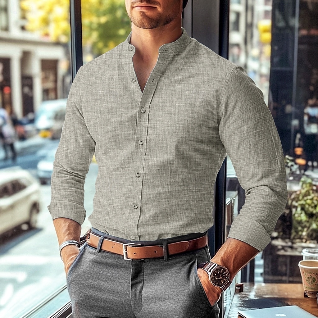 Men's Shirt Band Collar Shirt Summer Shirt Dress Shirt Button Up Shirt Solid Color Work Wear to work Black White Pink Blue Long Sleeve Collar Clothing Apparel 2025 - $27.99 –P12