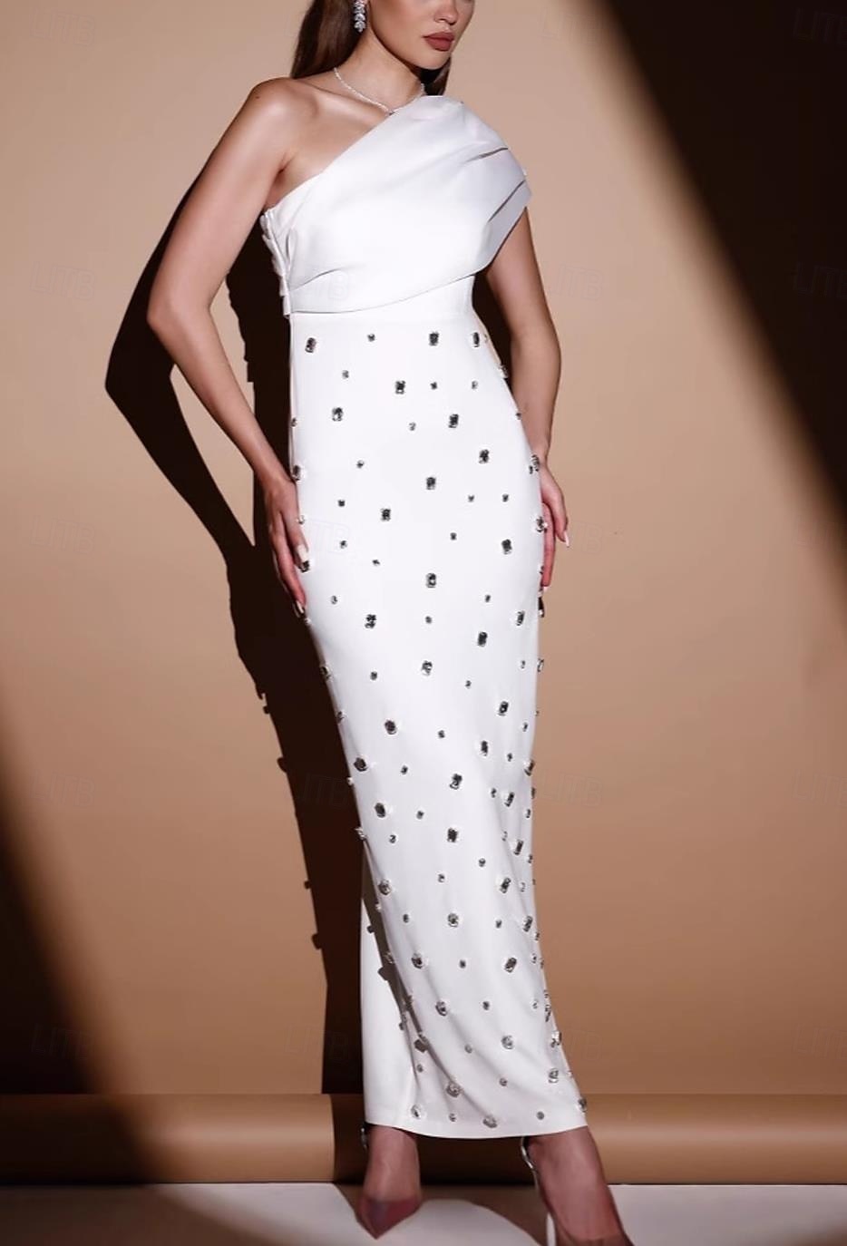 Robe de soirée Sheath  Colonne Élégante Robe Invité de mariage Longue crue Sans manches Une épaule mélange de coton avec strass de 2025 ? $130.99 –P1