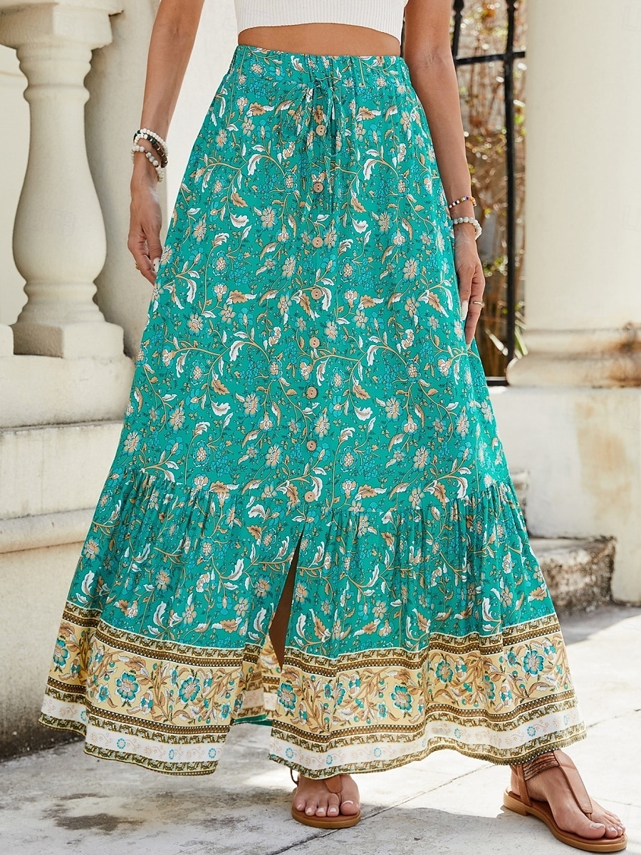 Women's Skirt A Line Swing Bohemia Fashion Casual Maxi High Waist Skirts Floral Print Micro-elastic Street Daily Red Navy Blue Green Summer Polyester 2025 - $25.99 –P6
