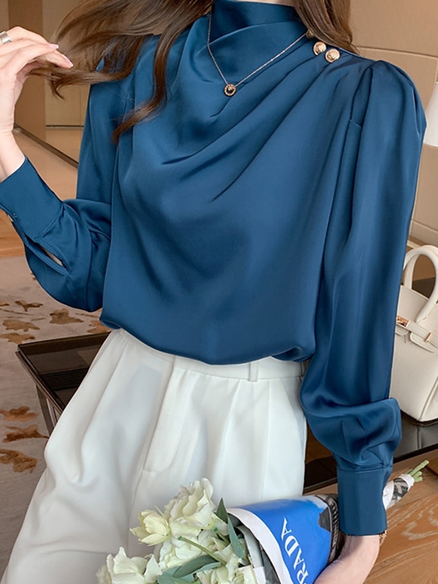 Damen Hemd Bluse Feste Farbe Basic Brautkleider schlicht Langarm Rollkragen Normale Oberteile Täglich Rüschen Weiß Rote Blau Sommer Frühling Herbst 2025 - $23.99 –P12