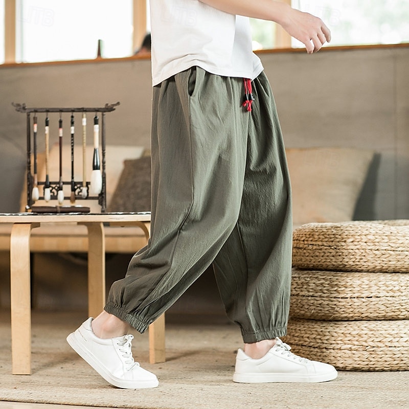 Herr Joggare Linne Byxor Långbyxor Säckiga byxor Harem byxor Ficka Snörning Elastisk midja Slät Komfort Andningsfunktion Fullängd Hem Ledigt Dagligen Sport Mode Svart Grön 2025 - $20.99 –P2