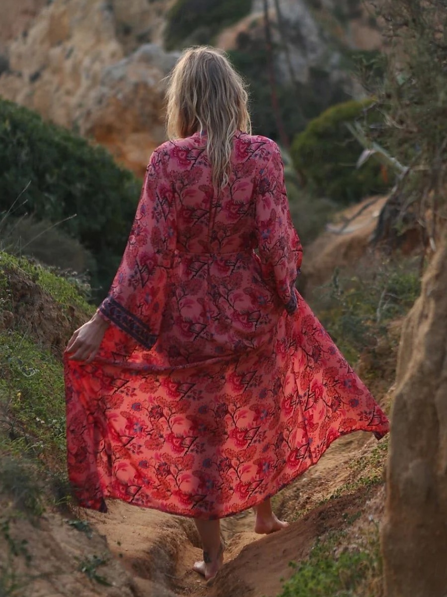 Damen Blumen V-Ausschnitt Maxikleid Langarm Sommer Frühling 2025 - $39.99 –P6