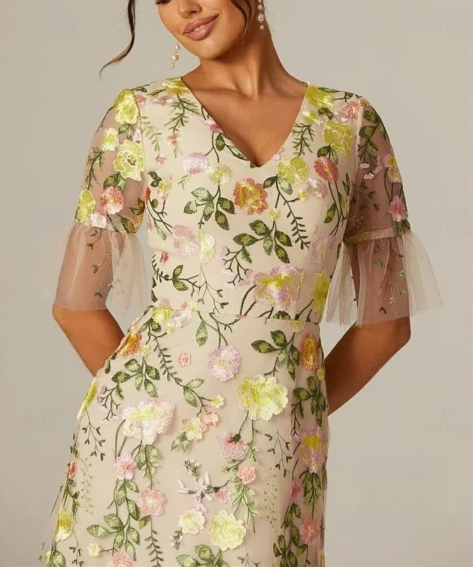 Bloemige Kant A-Lijn Geborduurde Jurk Strandbruiloft Formele Moeder Van De Bruid Elegante Vintage V-Hals Enkelhoogte Tule Korte Mouw Met Applicaties Bloem 2025 - $129.99 –P3