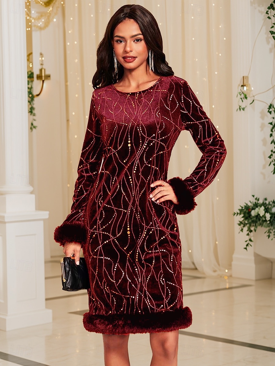Women's Holiday Dress Long Sleeve Geometric Glitter Pattern Faux Fur Trim  Elegant Winter Party Black Regular Fit Various Sizes 2025 - NZ $100.49