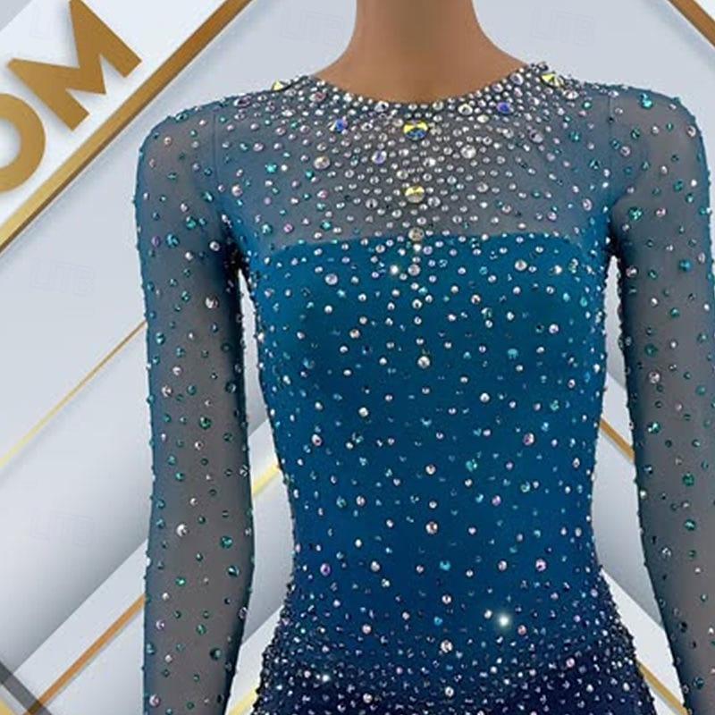 Kunstschaatsjurk Dames Voor meisjes Schaatsen Jurken Blauw Open achterkant Asymetrische zoom Netstof Hoge Elasticiteit Opleiding Wedstrijd Kunstschaatskleding Klassiek Kristal / Bergkristal Lange mouw 2025 - $192.99 –P3