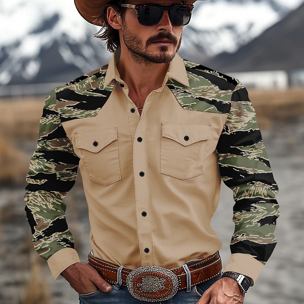 Herren camuflaje Tarnfarben Westernhemd Cowboy-Shirt Langarm Western Brautkleider schlicht Outdoor Frühling Herbst Umlegekragen 2 Taschen Schwarz Braun Grün Khaki 2025 - $13.79 –P2