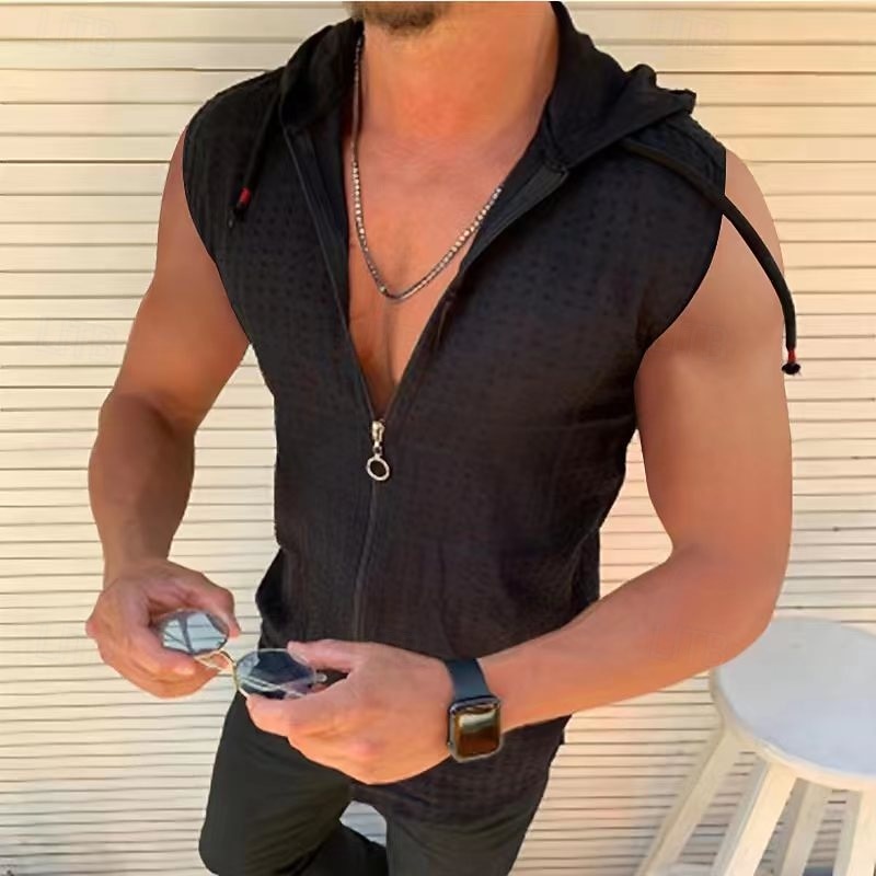 Herr Linne Zip Up hoodies Ärmlös hoodie Ärmlös Huva Vår & sommar Blommig Rutnät / Pläd Mode Ledigt Andningsfunktion Snörning Semester Ledigt Dagligen Svart Vit Rubinrött Topp t-shirt för män 2025 - $17.99 –P3