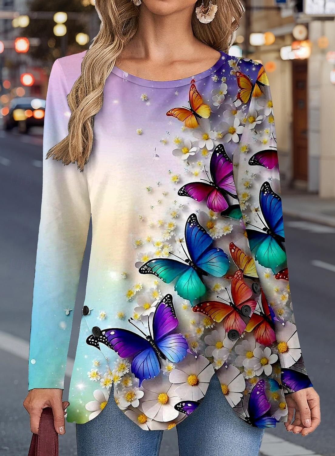 Femme T shirt A Ombre Papillon Décontractées manche longue Col Ras du Cou Hauts réguliers du quotidien Boutons Imprimer Asymétrique Violet Printemps & Automne de 2025 ? $24.99 –P1