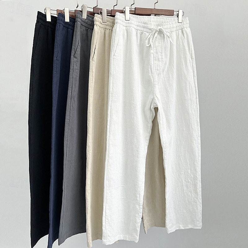 Herr Linne Byxor Långbyxor Sommarbyxor Casual byxor Snörning Elastisk midja Rakt ben Slät Komfort Andningsfunktion Ankellång Ledigt Dagligen Helgdag Mode Klassisk Stil Svart Vit 2025 - $20.99 –P3