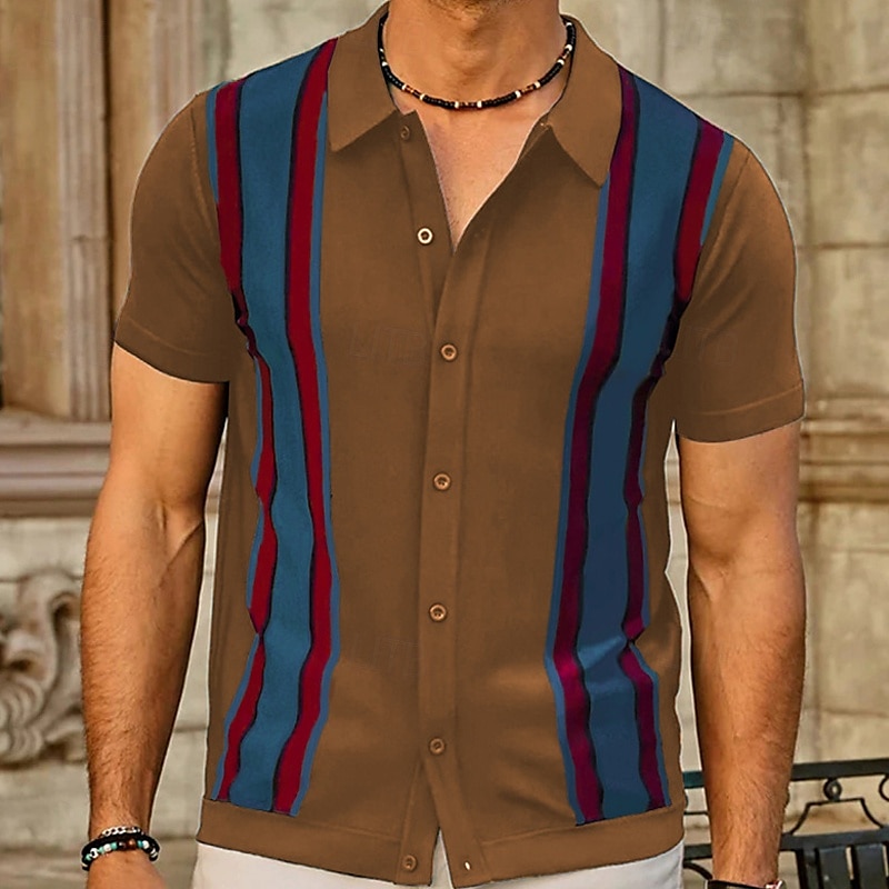 Férfi Button Up Polos Golfing Hétköznapi Sport Hajtóka Rövid ujjú Divat Alap Színes Kollázs Gombok Nyár Fekete Sötétkék Barna Button Up Polos 2025 - $28.99 –P5