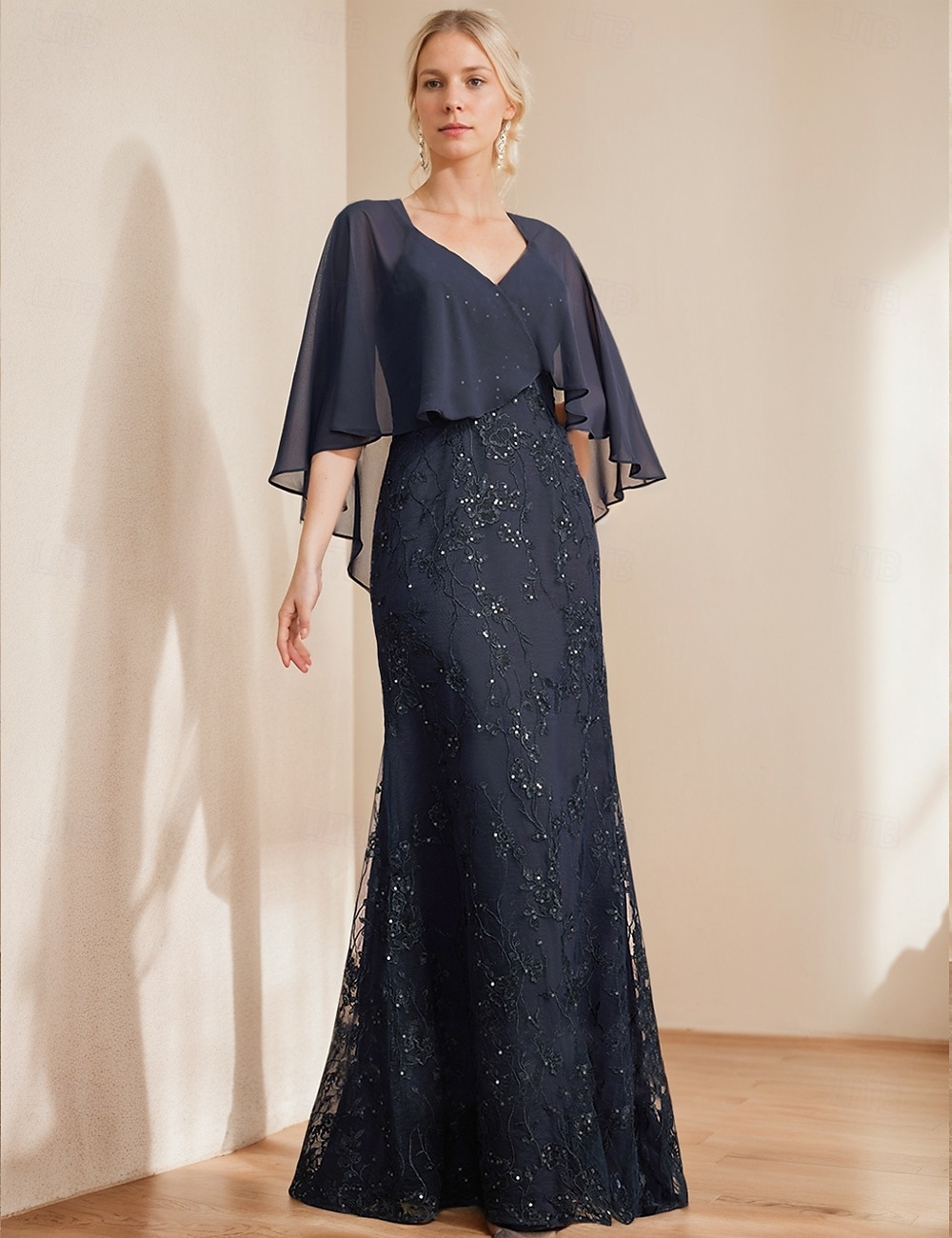 robe trapèze robe mère de la mariée élégante scintillante&amp;Robe longue en mousseline de soie à col en V et manches courtes avec paillettes en dentelle 2025 de 2025 ? $204.99 –P1