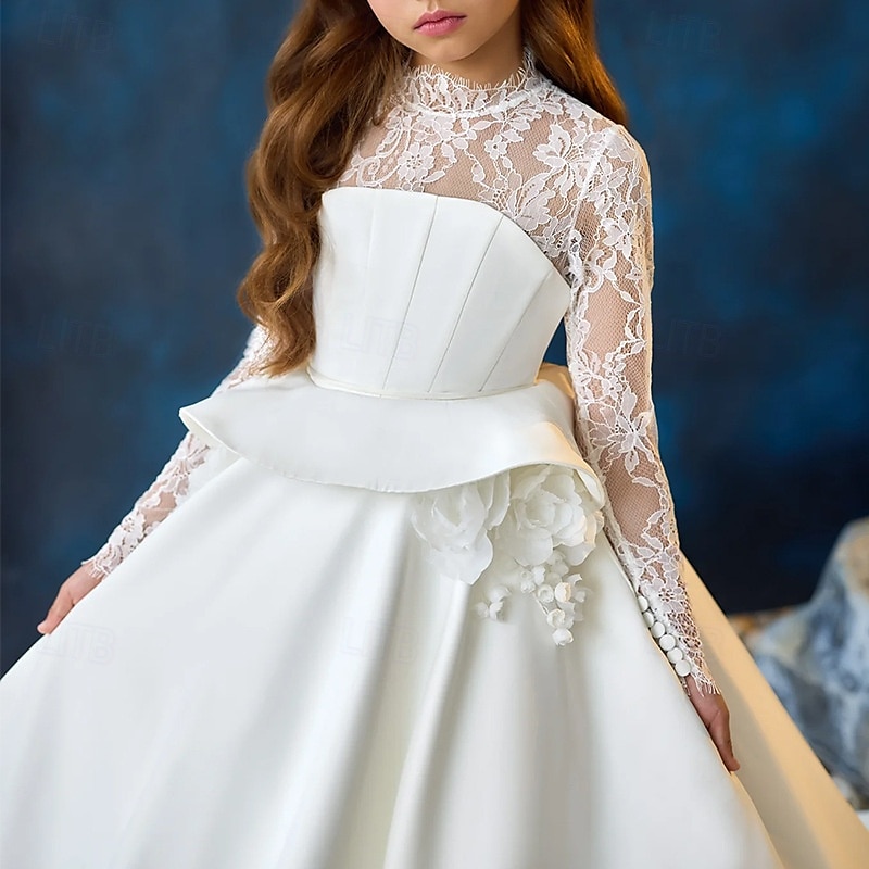 kinderkleidung Mädchen Kleid für die Erstkommunion Party Kleid Feste Farbe Ärmellos Langarm Leistung Hochzeit Party Gitter Prinzessin Süß Gitter Mitte der Wade Etuikleid Tüll-Kleid Sommer Frühling 2025 - $105.99 –P4
