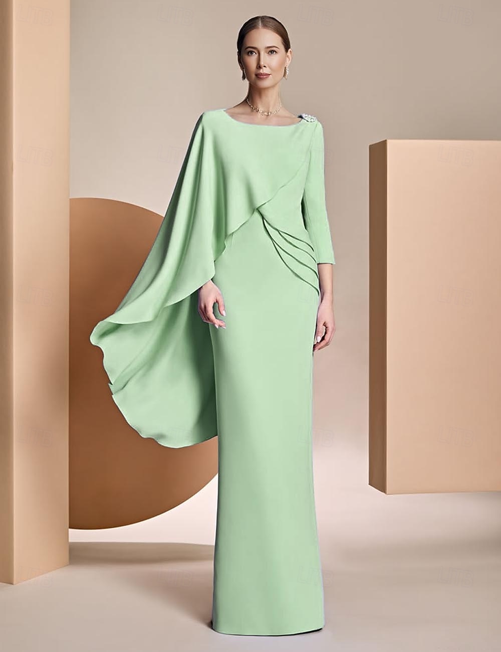 Skär  Kolumn Klänning Mor till Bruden Klänning Formell Elegant Smyckes Hals Golvlängd Chiffon Lång ärm med Applikationer Enfärgad 2025 - $167.99 –P3