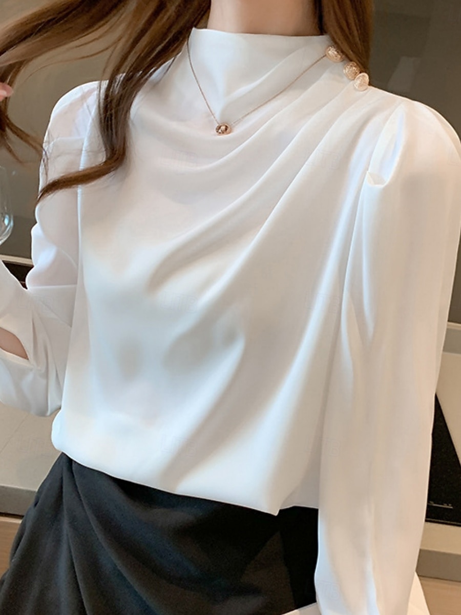 Damen Hemd Bluse Feste Farbe Basic Brautkleider schlicht Langarm Rollkragen Normale Oberteile Täglich Rüschen Weiß Rote Blau Sommer Frühling Herbst 2025 - $23.99 –P5