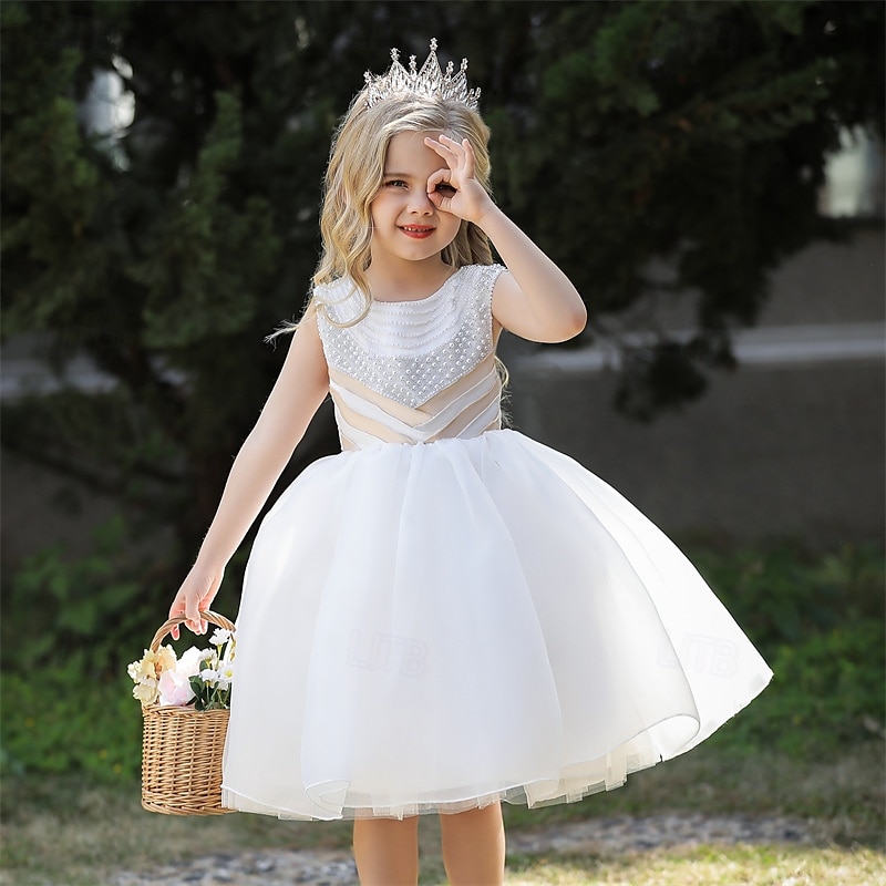 Robe de Demoiselle d'Honneur Fille enfants Fille Robe de princesse Utilisation Mariage Soirée Elégant Magnifique Maille Couleur unie Sans Manches Col Ras du Cou Blanche Champagne 4 ans et + de 2025 ? $38.99 –P3