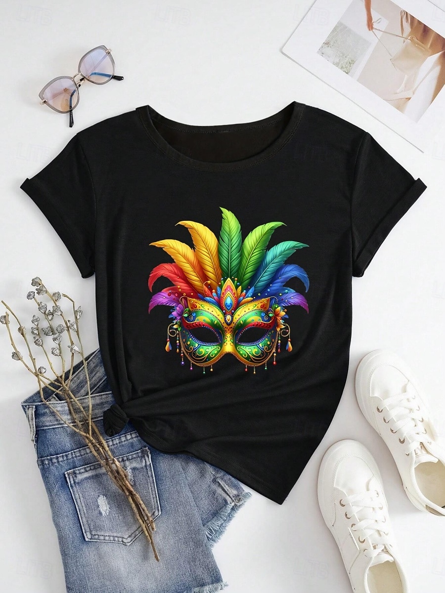 Mardi gras Damskie Podkoszulek Graficzny Codzienny Krótki rękaw Okrągły dekolt Zwykłe topy Codzienny Nadruk Czarny Biały Szary Lato 2025 - $19.99 –P4