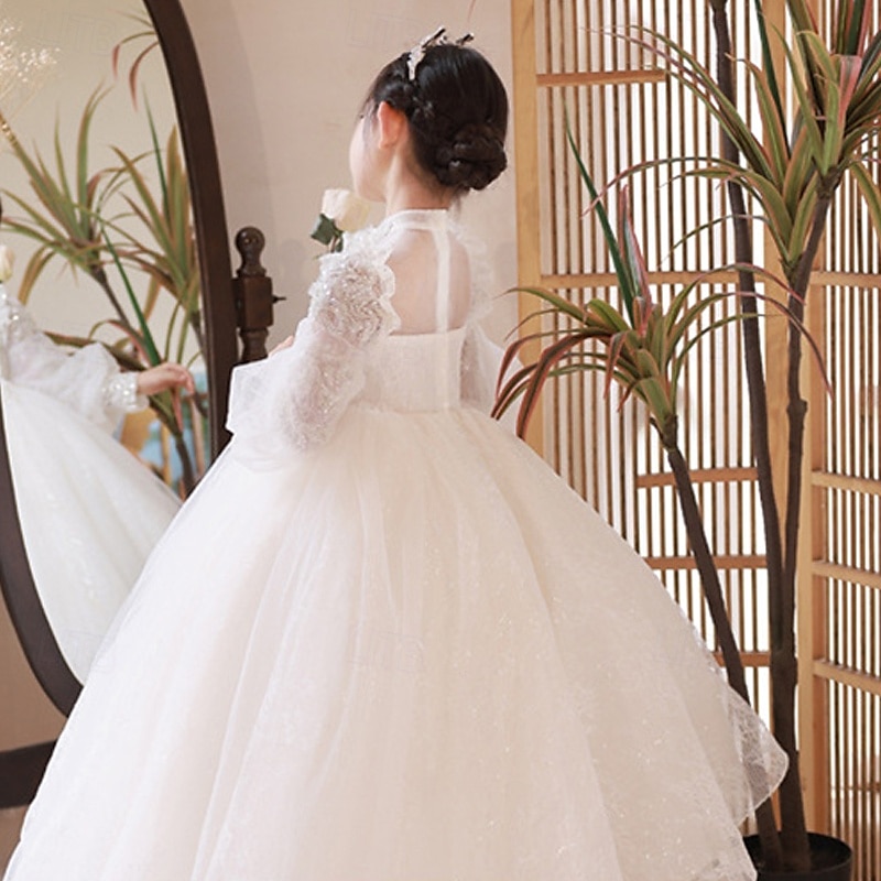 Bloemenmeisjesjurk kinderen Voor meisjes Prinses jurk Prestatie Bruiloft Feest Elegant Mooi Netstof Effen Kleur Lange mouw Opstaande boord Wit 4 jaar + 2025 - $66.99 –P5